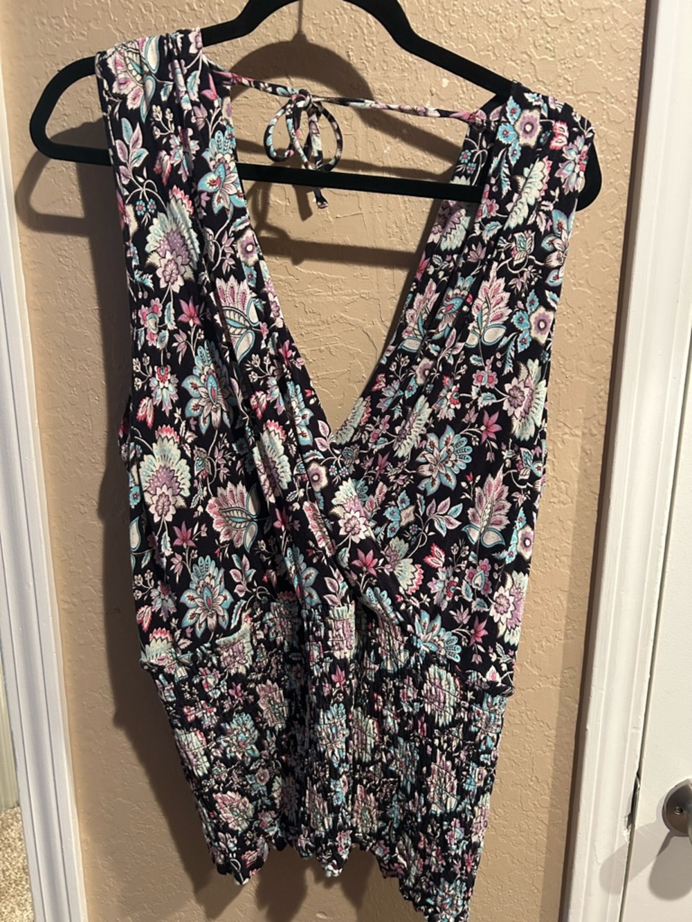 Floral V-Neck Sleeveless Romper in Black with Pink & Teal